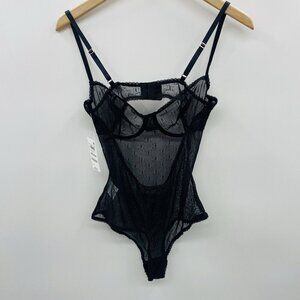 INC International Concepts Womens Medium Monogram Bodysuit Deep Black Logo 2696